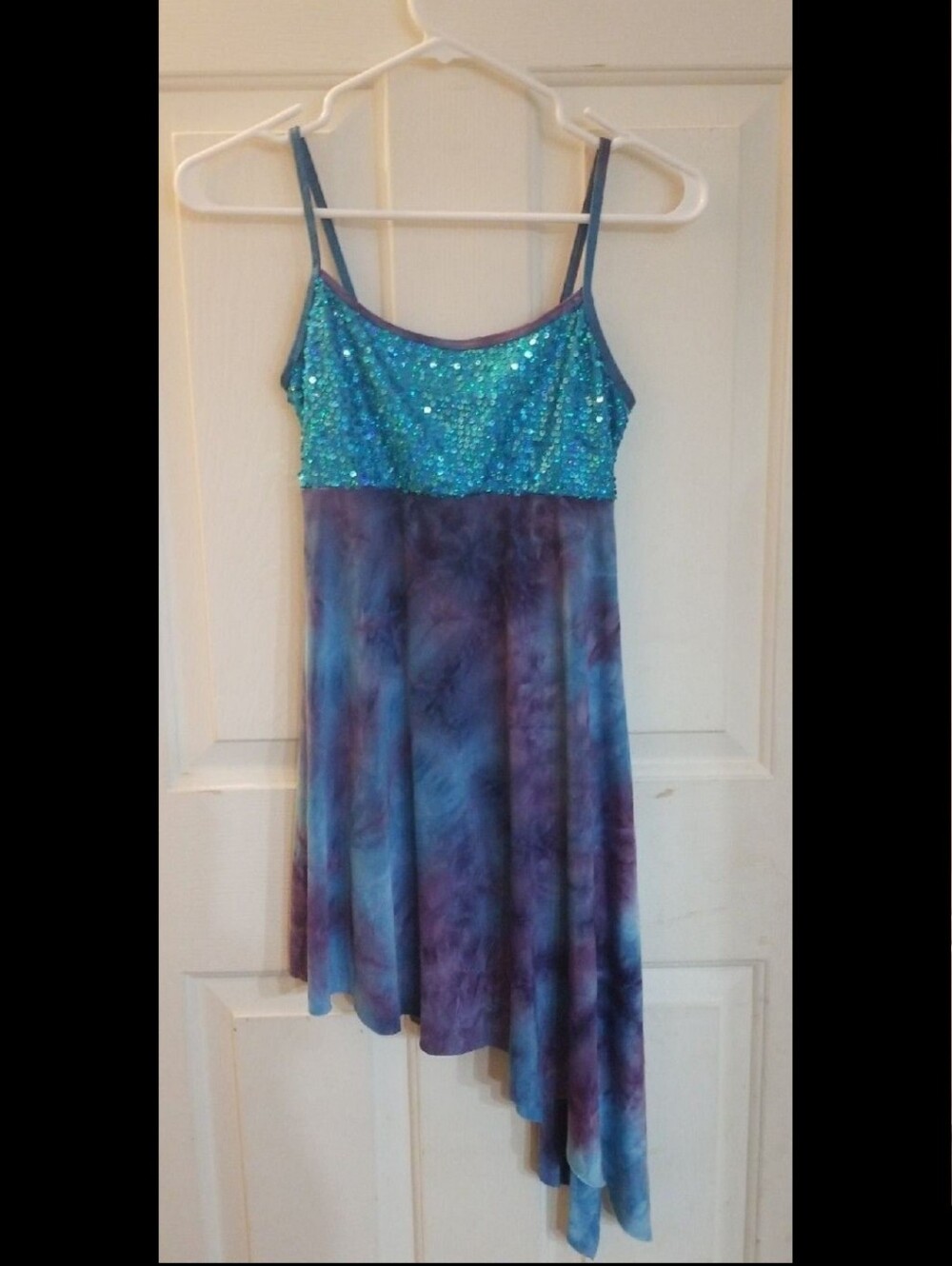 Girls Blue Teal Sequin Tie-Dye Asymmetric Dress DANCE WEAR
